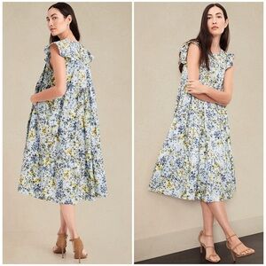 Banana Republic Poplin Blue Garden Floral Midi Voluminous Women’s Dress Sz SP